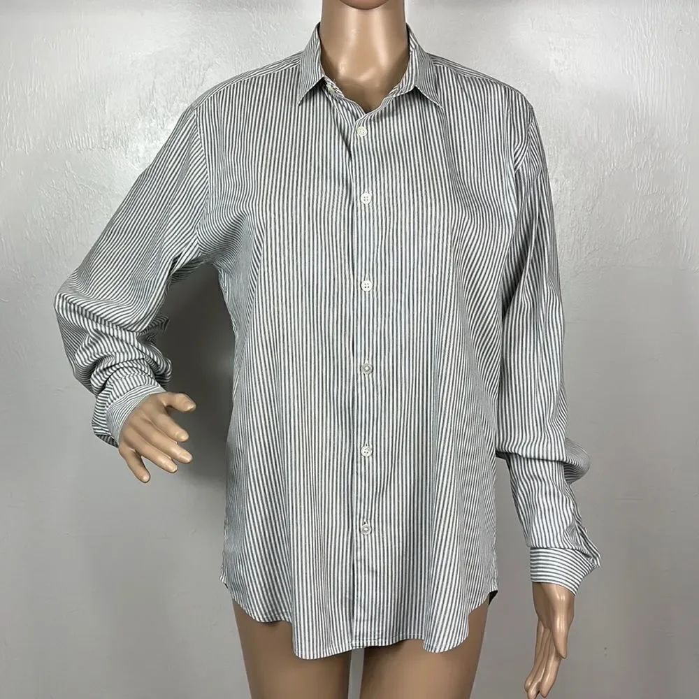 Theory White And Blue Stripes Long Sleeve Button Down Shirt Size S